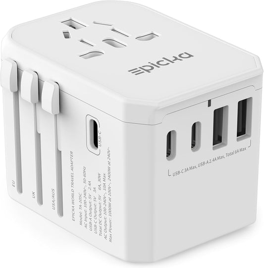 EPICKA Universal Travel Adapter, International Power Adapter with 2 USB-A & 3 USB-C Ports Wall Charger - Worldwide Travel Essentials, European Travel Plug Adapter for UK/US/AU (TA-105C, White)