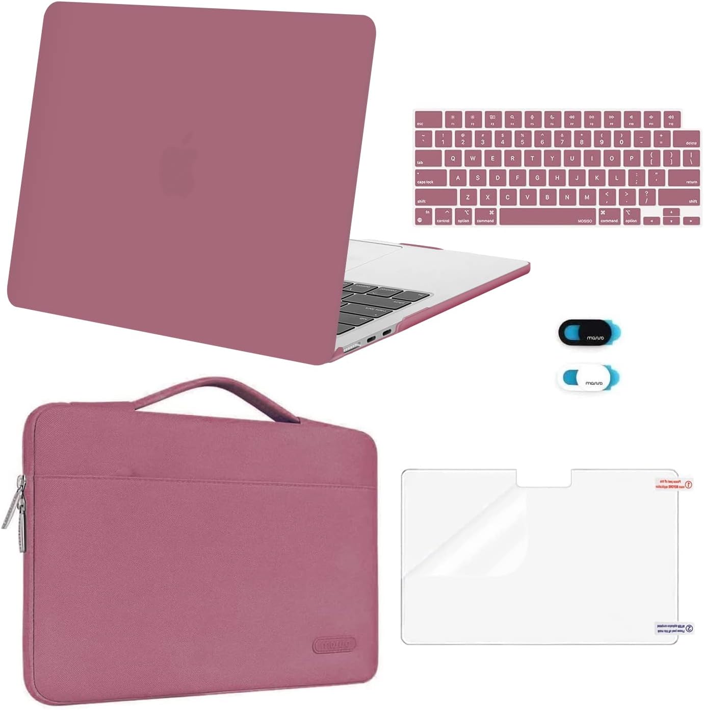 MOSISO Compatible with MacBook Air 13 inch Case 2025 2024 2023 2022 M4 A3240 M3 A3113 M2 A2681, Hard Shell&Sleeve Bag&Keyboard Skin&Webcam Cover&Screen Film for MacBook Air 13.6 inch, Dusty Rose