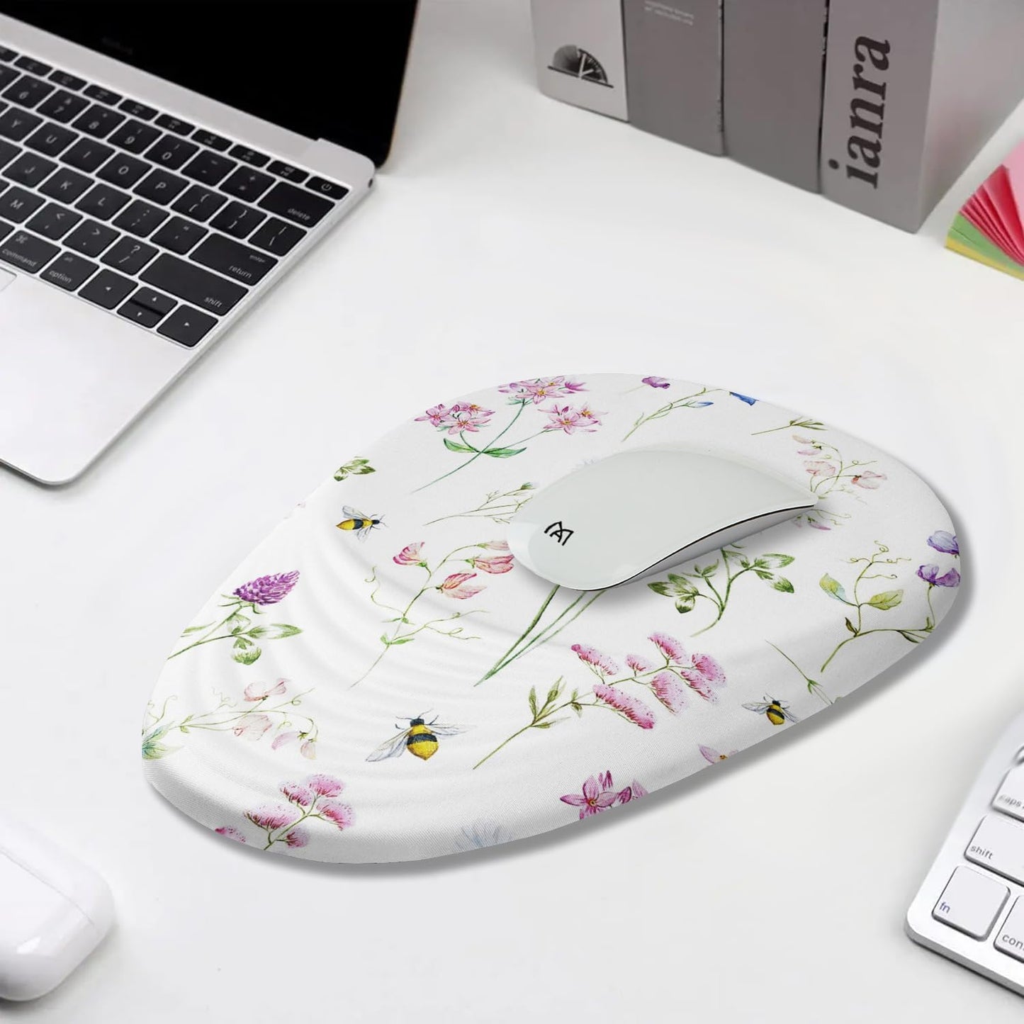 Floral Ergonomic Mouse Pad Wrist Support, Pretty Flowers Mouse Pad with Wrist Rest, Foam Massage Design & Non-Slip PU Base MousePads for Pain Relief, Desk, Office, Home