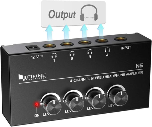 Fifine Headphone Amplifier 4 Channels Metal Stereo Audio Amplifier,Mini Earphone Splitter with Power Adapter-4x Quarter Inch Balanced TRS Headphones Output and TRS Audio Input for Sound Mixer-N6
