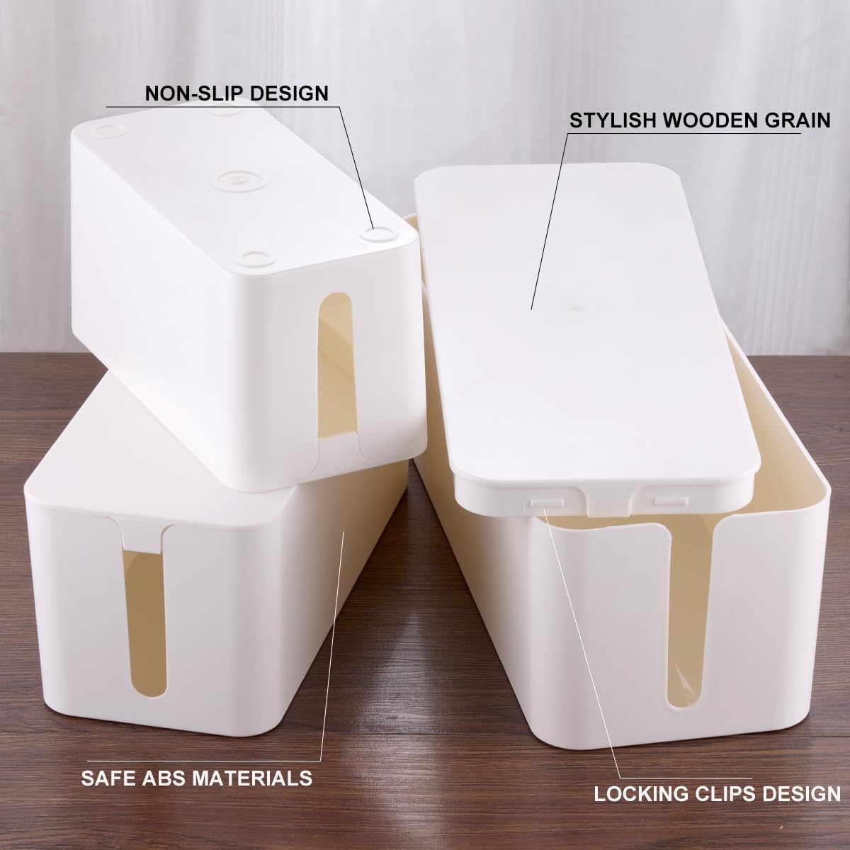 3 Pack Cable Management Box with 18 PCS Cable Management Set - Large & Medium & Small Cable Organizer Box to Hide Wires & Power Strips | TV Cord Organizer Box | for Home & Office, White