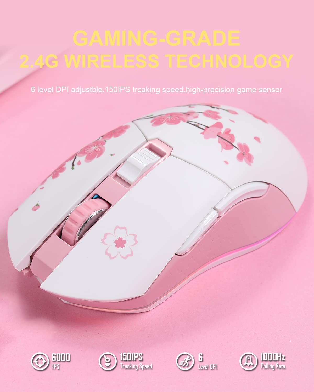 DAREU Sakura Pink Wireless Wired Gaming Mouse, Dual-Mode Rechargeable 6 Programmable Buttons,10K DPI,RGB and 7 Adjustable DPI Levels up to [150IPS] [1000Hz Polling Rate] for PC Notebook Mac
