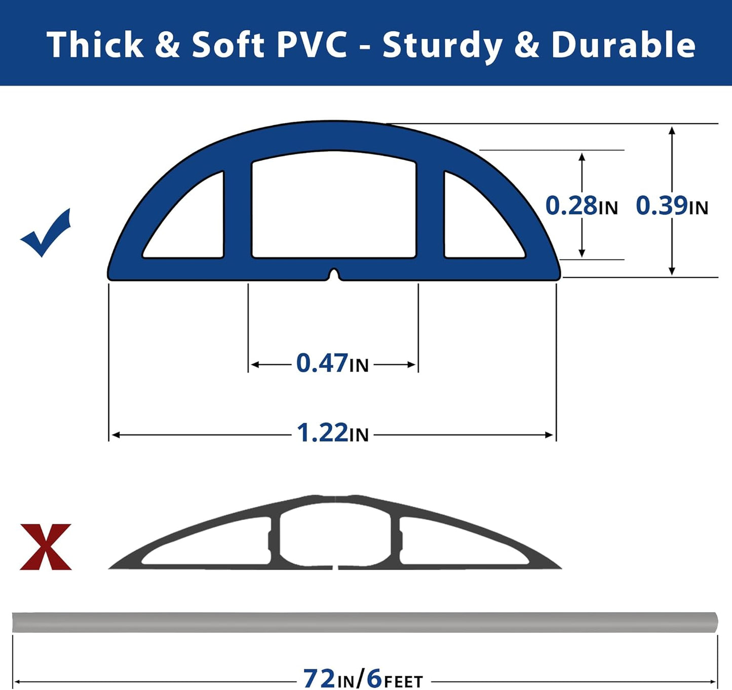 Cord Cover Floor 6ft Grey, PVC Floor Cable Cover, Cord Hider Floor Cord Protector Prevent Cable Trips & Protect Wires, Floor Cable Management Hide Cords on Floor, Cord Cavity - W0.47 x H0.28