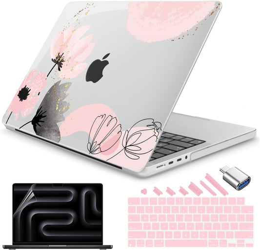 Teryeefi for MacBook Pro 14 inch Case M4 M3 M2 M1 (2025 2024 2022 2021 Release) Model A3112 A3185 A3401 A2918 A2992 A2779 A2442, PC Hard Shell+ Keyboard Cover +Type C Adapter, Abstract Pink Flowers098