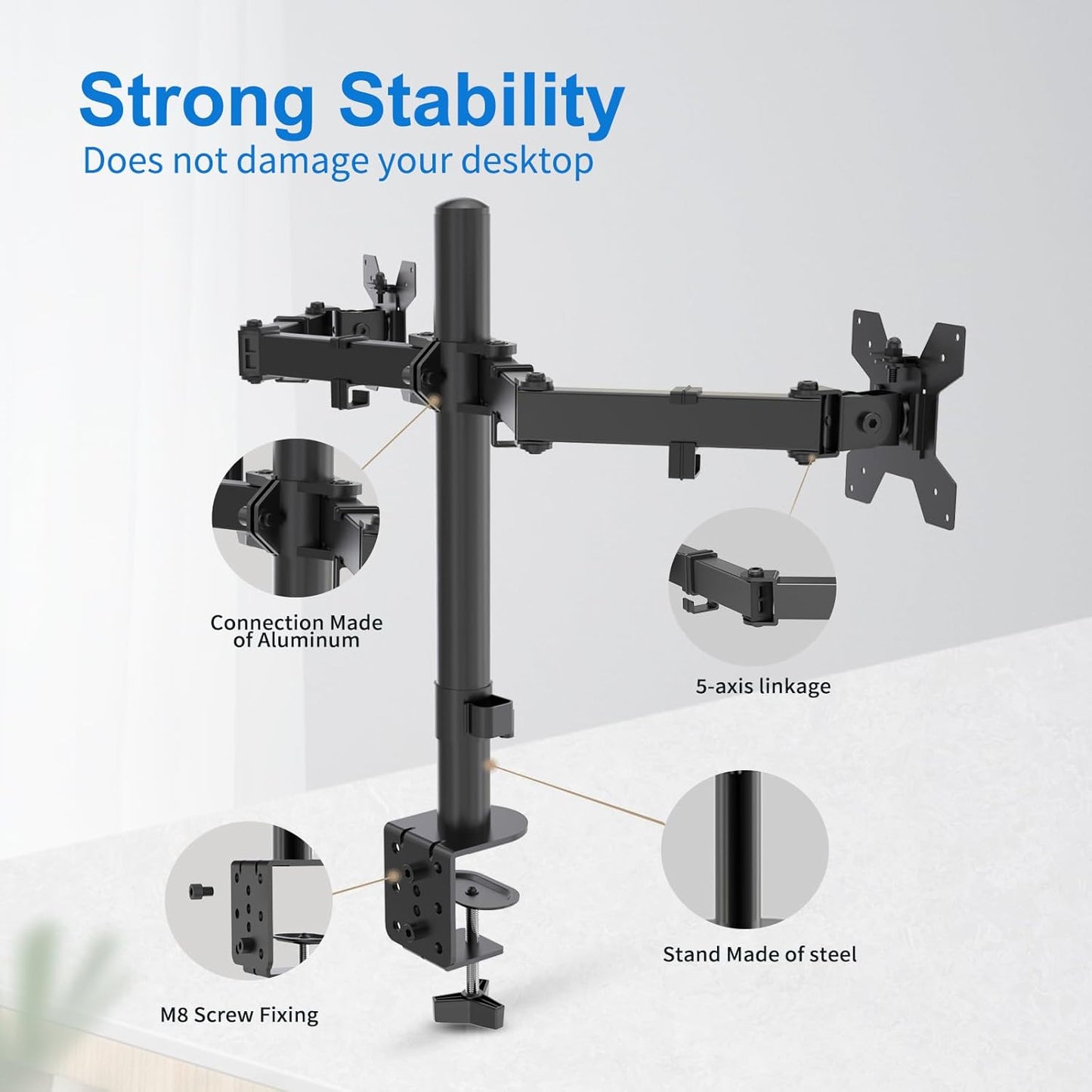 H&C(hcck&Cllassp) Dual Monitor Mount, Monitor Arm with Swivel, Tilt, Rotation, Height Adjustable, VESA Mount for 17-27” Monitors up to 17.6lbs, Desk Mount with C-Clamp, Black