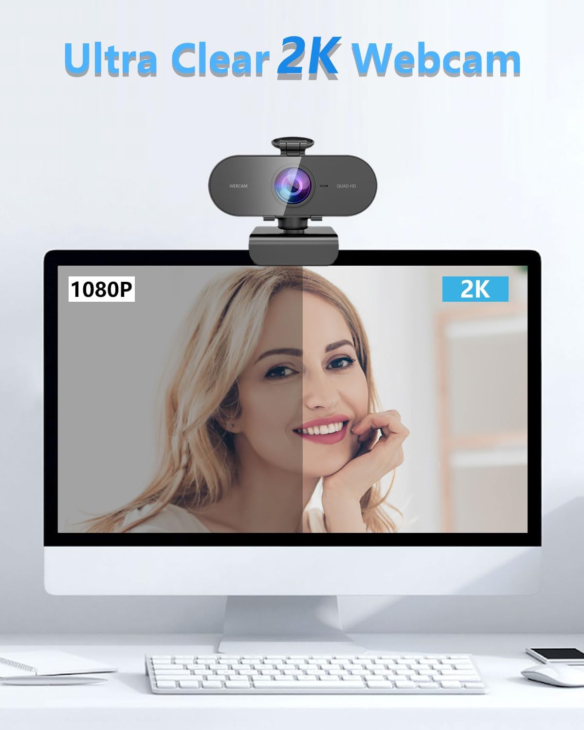 2K Webcam for PC Mac Laptop with Microphone,Full HD Web Cam for Streaming with Privacy Cover Sliders,USB C Web Camera for Desktop Computer Monitor,External Small Best Webcam For Microsoft Teams Gaming