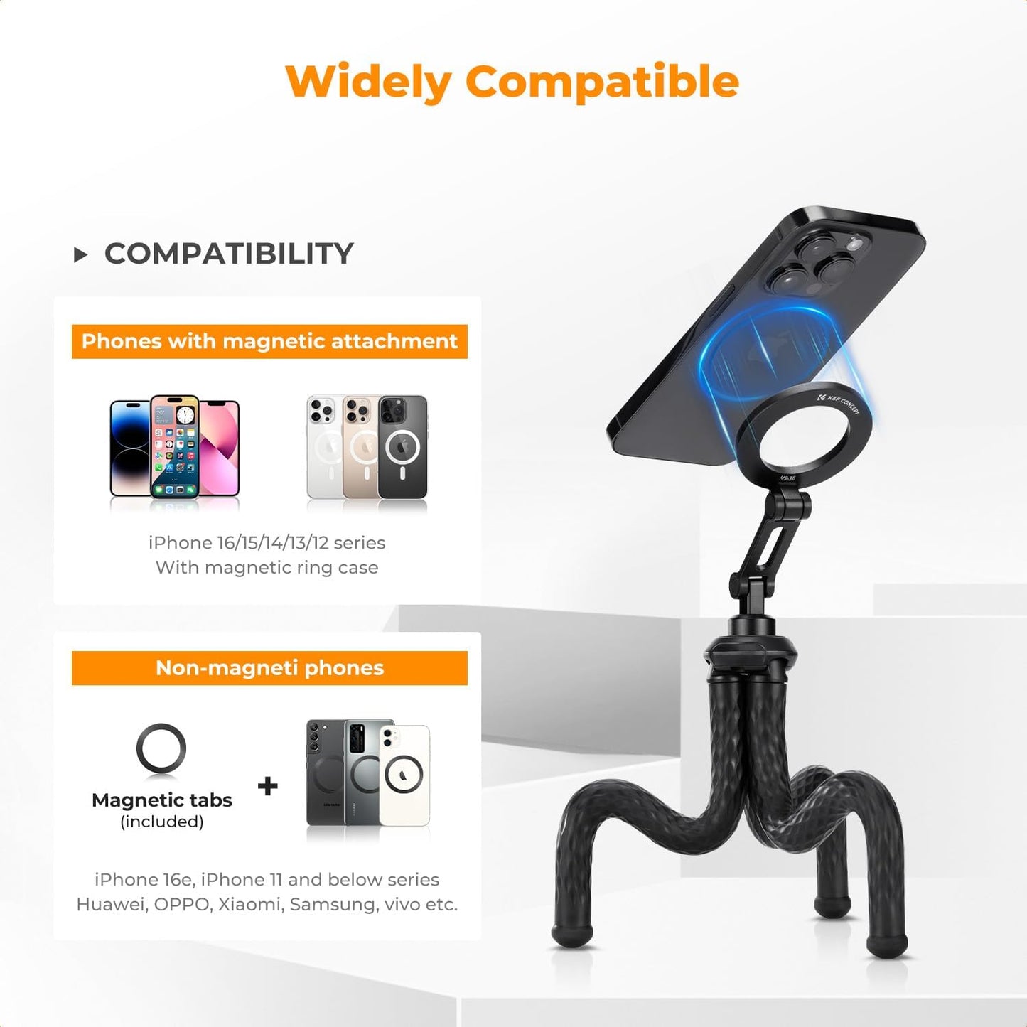K&F Concept Flexible Tripod, Magnetic Flexible Phone Stand with Wireless Remote, Mini Vlogging Tripod for Magsafe iPhone 16 Pro Max/15/14/13/12 All Phones and Actions Camera.
