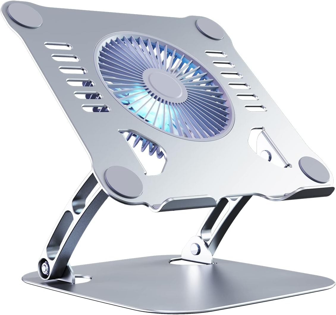 SHUWEI Laptop Cooling Stand with 3 Speed Fan, Adjustable Height Laptop Stand for Desk, Ergonimic Aluminum Laptop Cooling Pad for 10-15'' Notebook - Silver
