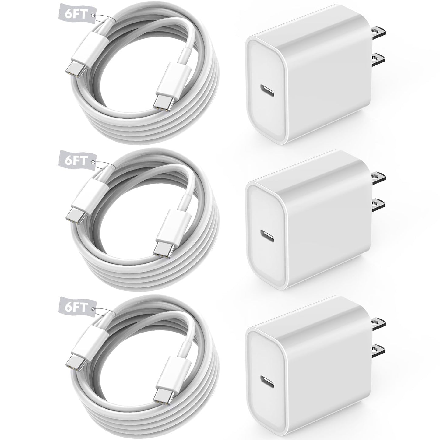 Fast USB C Charger Block,3Pack Long 6FT USB C to USB C Cable iPad Cord 20W iPhone 16 15 Charger Fast Charging for iPhone 16/16 Pro/15/15Pro/Pro Max/Plus,iPad 10th,iPad Air 5/4th,iPad Mini 6th,iPad Pro