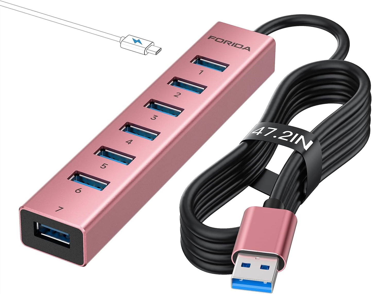 FORIDA USB Hub Long Cable 8 Ports multiport Adapter with 7-USB3.0 Data Ports and Type-C 5V/3A Power Port,USB Extender for Laptop PC and More (Rose Gold, USB A-47in)