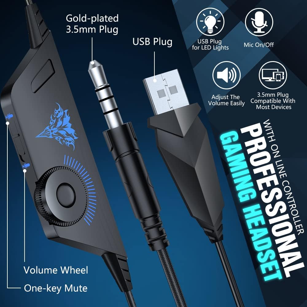 BENGOO V-4 Gaming Headset for Xbox Series X|S, Xbox One, PS5, PC, Mac, Nintendo Switch, Noise Cancelling Over Ear Headphones with Mic, LED Light, 7.1 Surround Sound, Soft Memory Earmuffs, 3.5mm