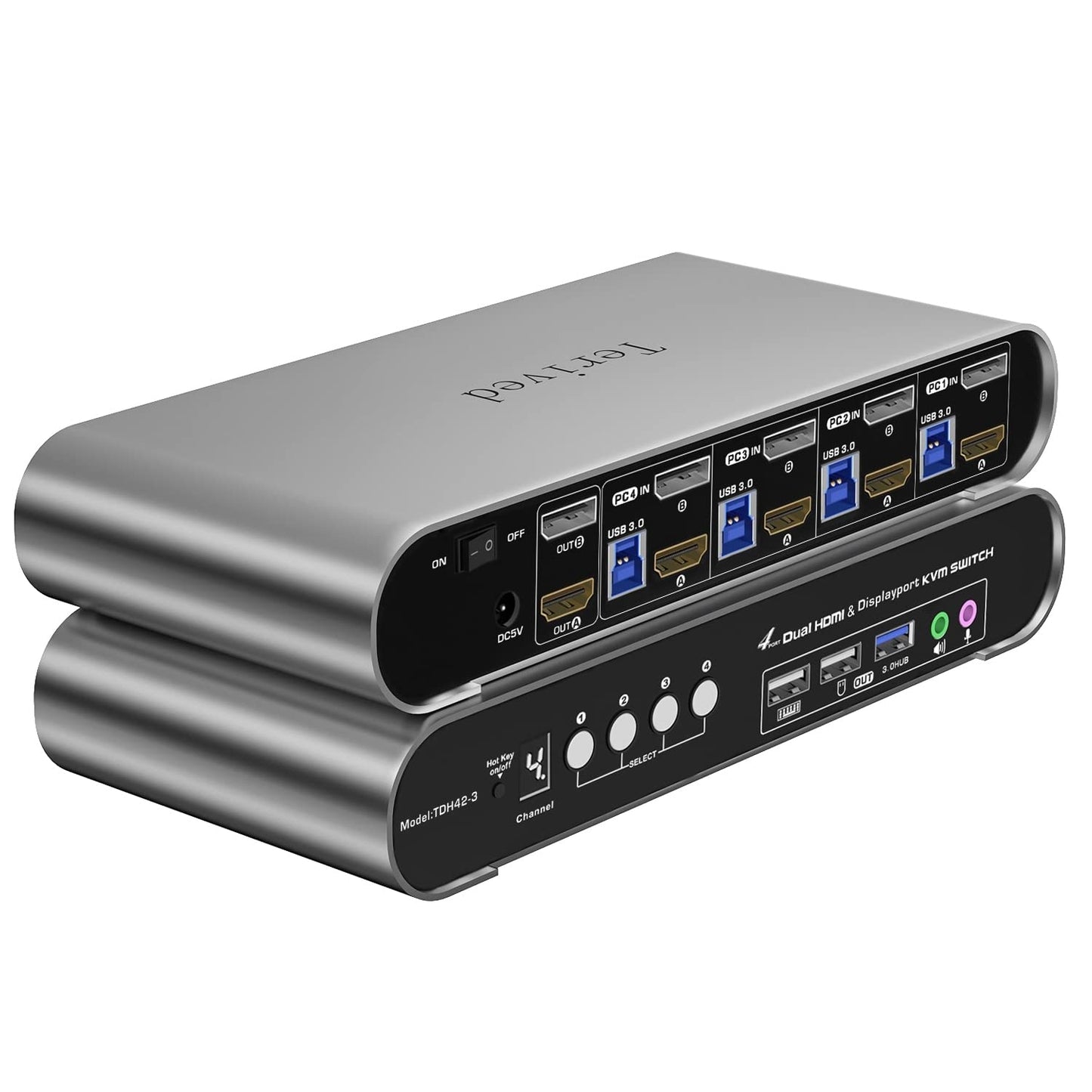 4 Computers 2 Monitors Automatic KVM Switch, HDMI 4k@60Hz + DP 8K 30Hz 4K@144Hz, Aluminum Alloy Shell, Digital Display, Audio/Microphone, hotkey, HDR10 with Cables