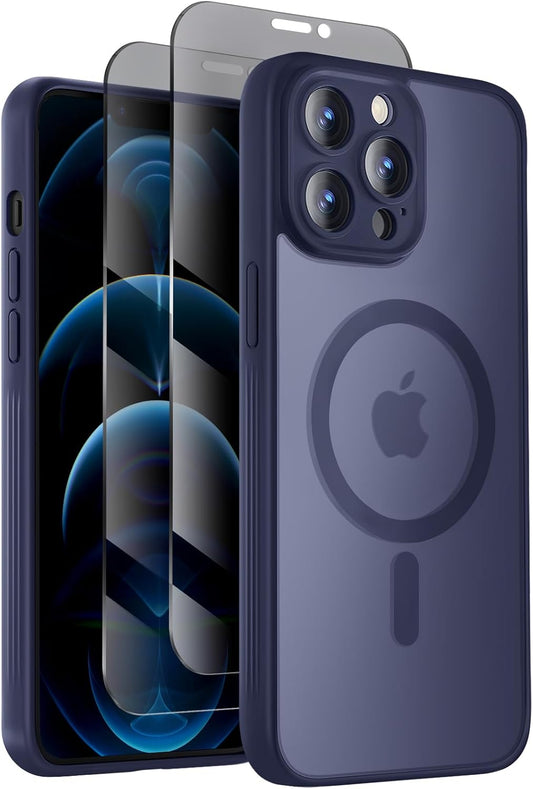 Designed for iPhone 12 Pro Case, Compatible with MagSafe, with Privacy Screen Protectors X2, [Camera Protection] [15FT Military Drop Protection] Shockproof Phone Case, 6.1", Navy Blue