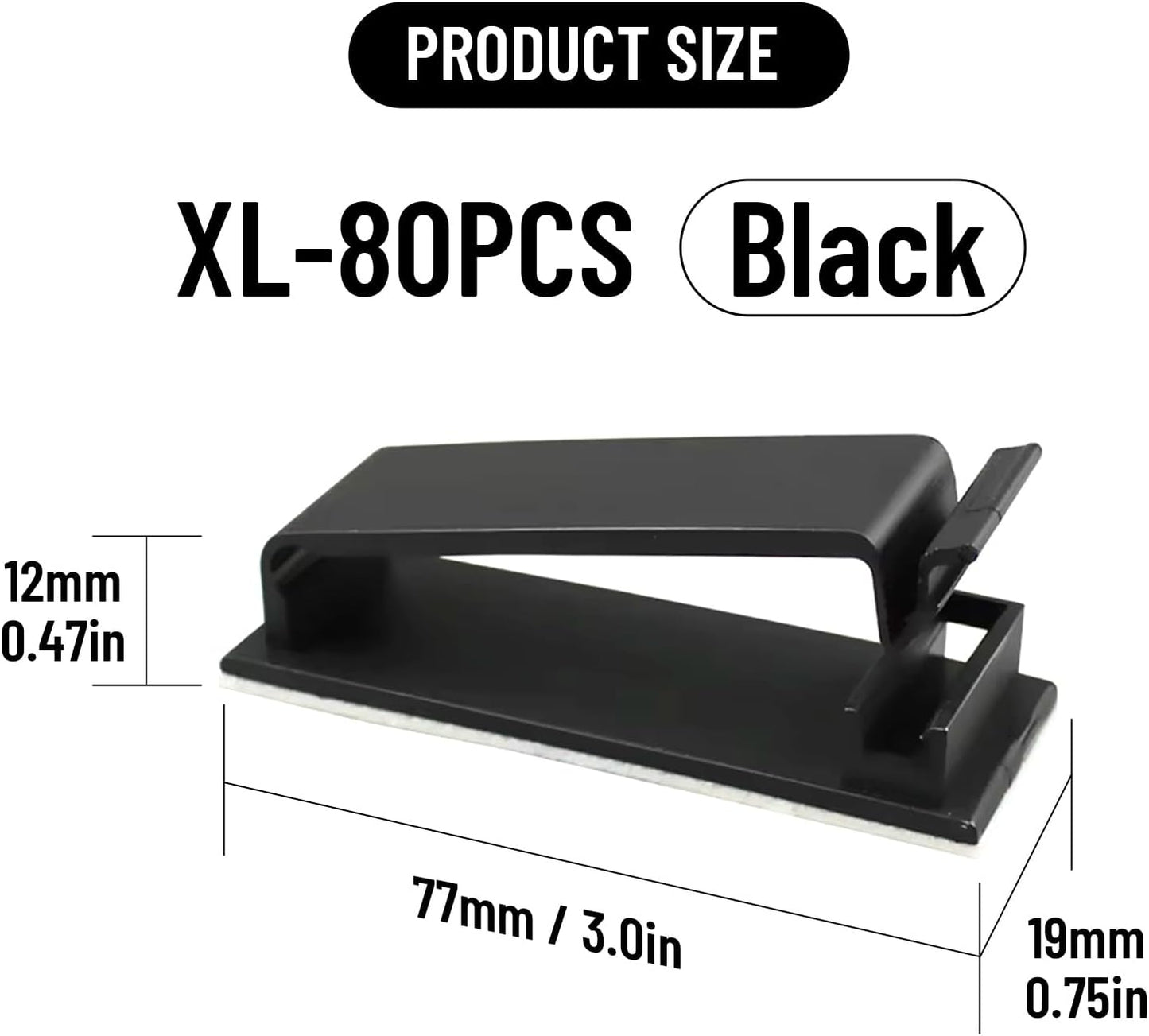 Adhesive Cable Clips Holder, Outdoor Light Clips, Black Cord Wire Clips, Sturdy Nylon Cord Wall Finisher Wire Clamp for Home, Car, Office Desk Wire Management (Black, XL-80 PCS)