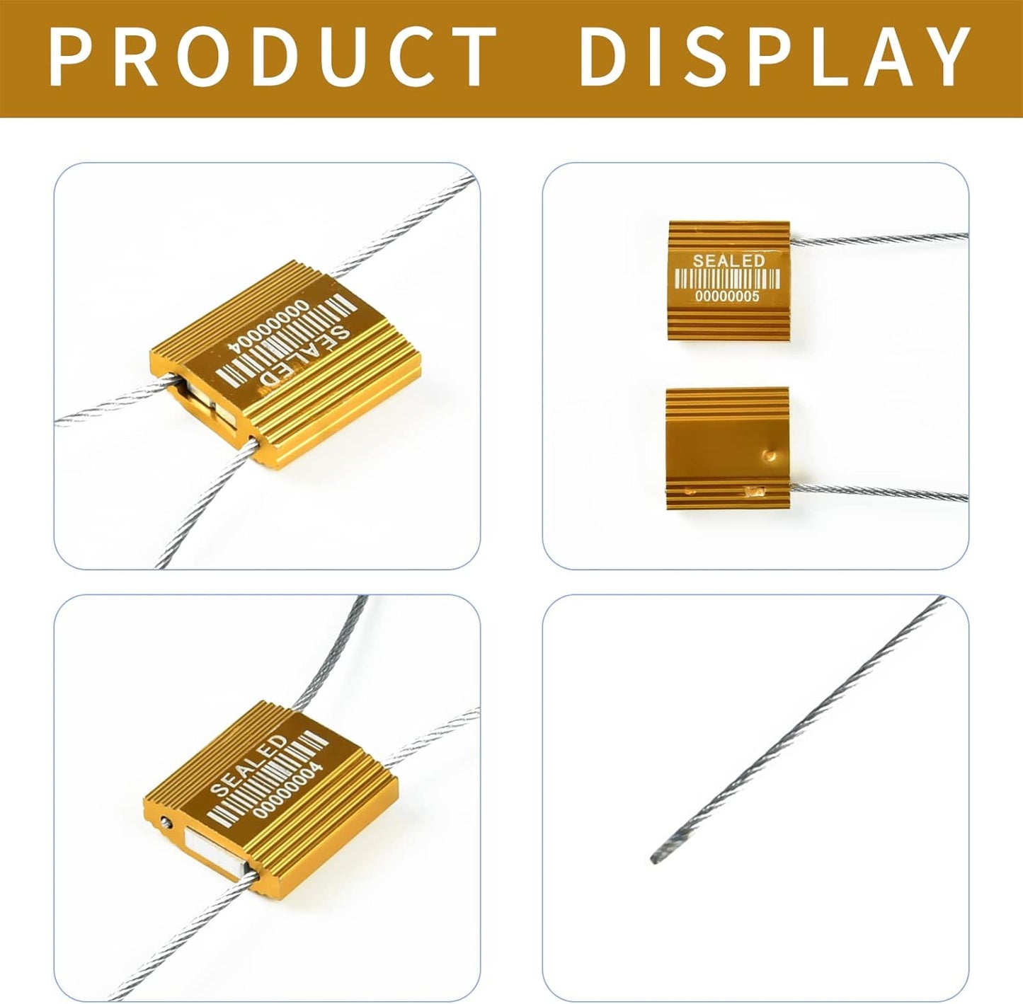 50 Yellow High Security Cable Seals with Barcode Pull Tight Numbered Steel Security Seals Metal Container Seals Anti-Tamper Shipping Self-Locking Tags for Logisitics ISO 17712 Certificated