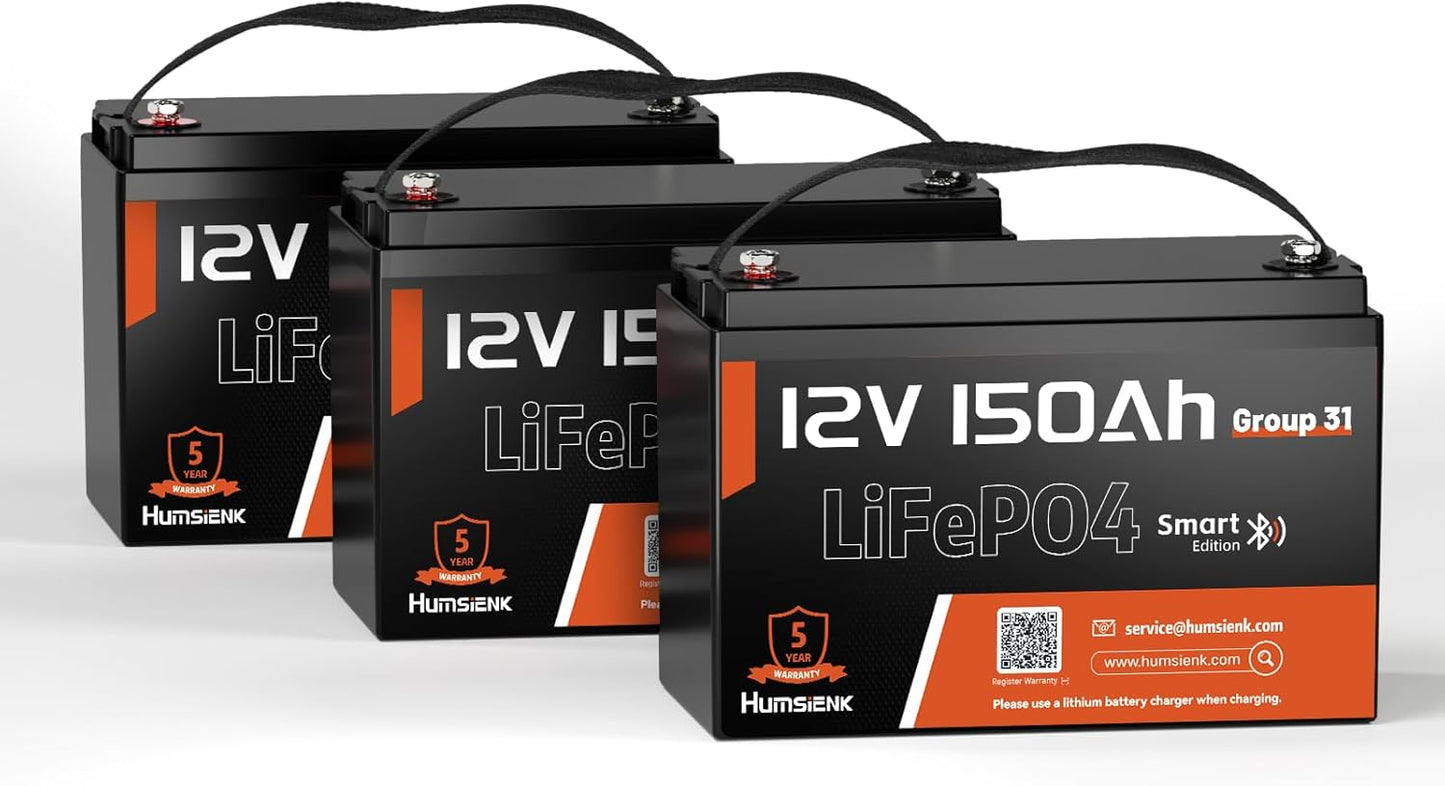 12V 150Ah LiFePO4 Lithium Battery 3 Pack- BCI Group 31 with Bluetooth | Built-in 110A BMS & Low-Temp Protection | 15000+ Deep Cycles for Solar RV Marine Off-Grid