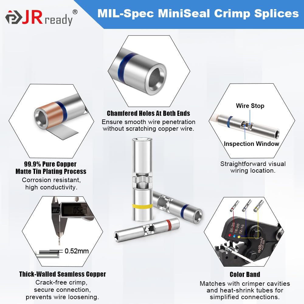 JRready M81824/1 Series Waterproof Heat-Shrinkable Splice Kit 100 Sets 20-16AWG Environmental Butt Splice with PVDF Tubes with ACT-232 Crimp Tool G411 Go-No Go Gauge ST6488-16-100