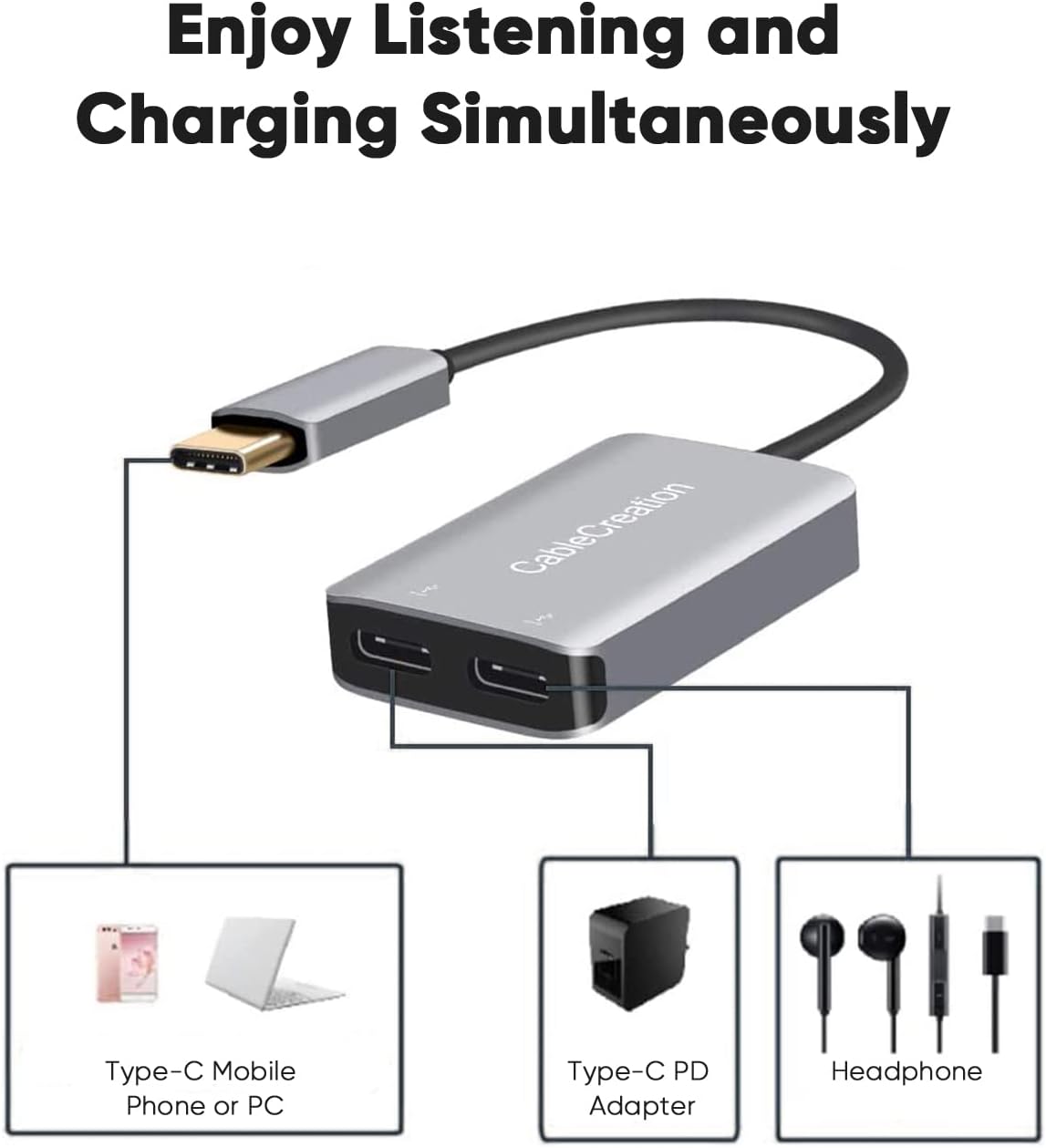 CableCreation USB Type C Splitter, 2-in-1 USB C Audio Adapter and PD Fast Charging, Type C Aux Dongle Compatible with iPad, MacBook, iPhone 16 15 Pro Max Plus, Galaxy S24/S23/S22+, Pixel 9/8/7+, Grey