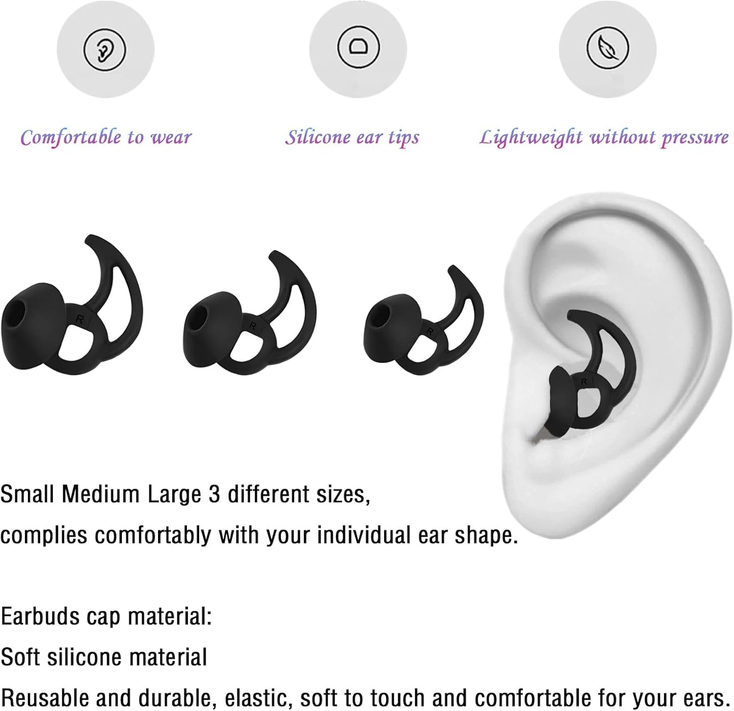 Earbud Replacement Tips Silicone Earbud Tips Ear Bud Covers Compatible with Bose Quietcomfort and Sport Headphone Ear Tips 3 Pairs S M L Black