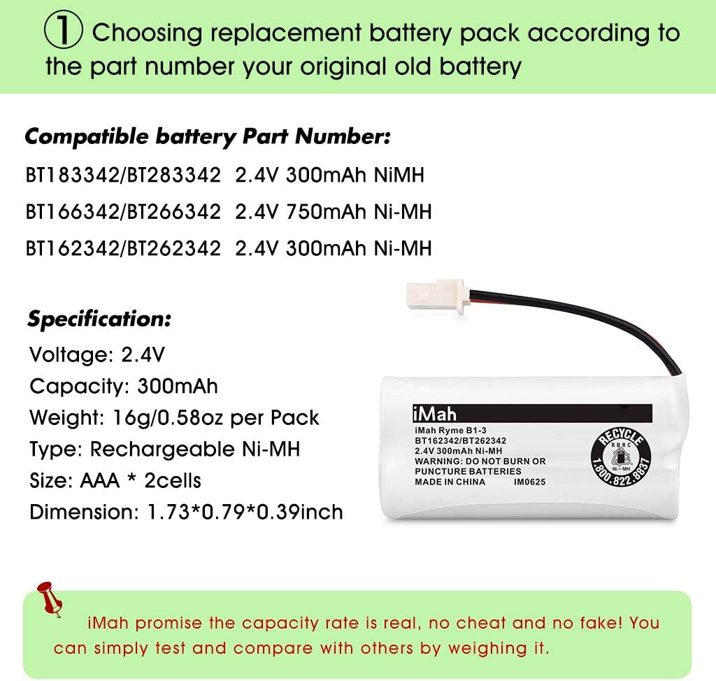 iMah BT162342/BT262342 2.4V 300mAh Ni-MH Cordless Phone Batteries Compatible with VTech CS6719 CS6114 CS6409 CS6419 CS6429 AT&T CL80112 EL52300 EL52400 Handset Telephone, Pack of 4