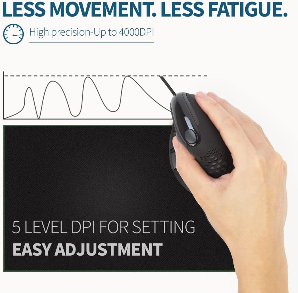 DeLUX Seeker Wired Ergonomic Vertical Mouse with Thumb Wheel, Optical Computer Mouse with 6 Programmable Buttons, 4000 DPI, RGB Backlight, Removable Wrist Rest for Carpal Tunnel (M618XSU-Black)