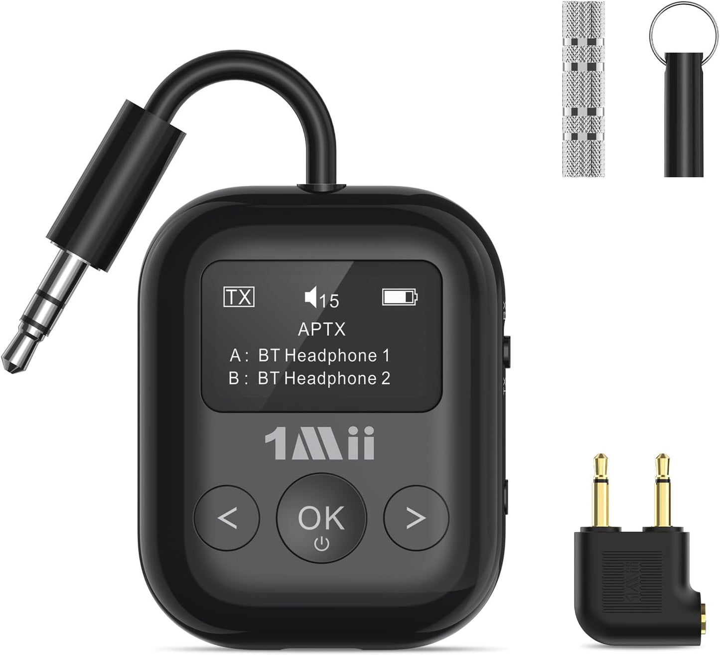 1Mii SafeFly Min+ Bluetooth Transmitter and Receiver,Bluetooth Adapter for Airplane, Supports to 2 AirPods/Headphones,Use with Any 3.5mm Jack on Airplanes, Gym, TVs, Car, Home, Boat(White)