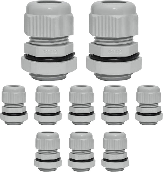 10 Pcs 1/2" NPT Nylon Cable Glands, IP68 Waterproof Adjustable Cord Grip Cable Connector Strain Relief Wire Protectors for 6-12mm Cable Diameter, Grey