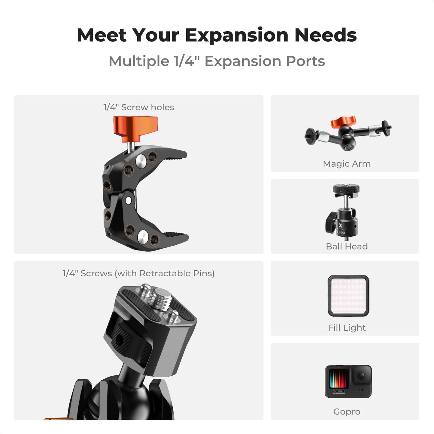 K&F CONCEPT Double Super Clamp Camera Mount with 1/4" Threads Metal Clamp for Chair, Pole, Tripod, Desk, Flag, Umbrella, Motorcycle Mount