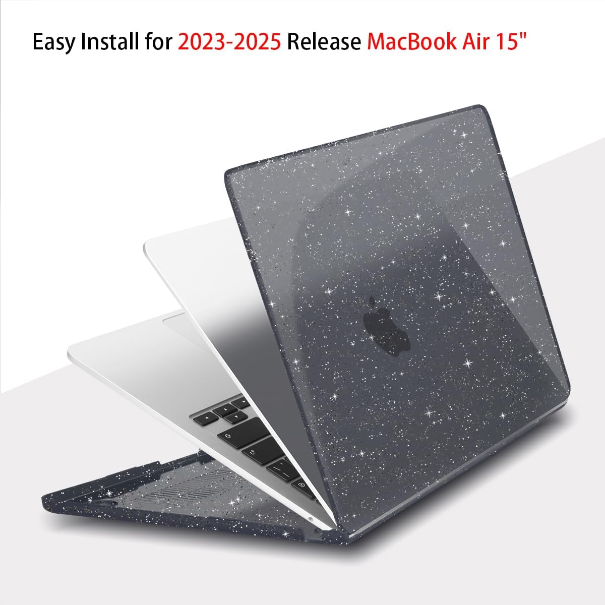 Teryeefi Sparkly Case for M4/M3/M2 MacBook Air 15 inch Case 2025 2024 2023 Model A3241/A3114/A2941, Laptop Hard Shell with Keyboard Cover&OTG Adapter& Screen Protector, Glitter Black