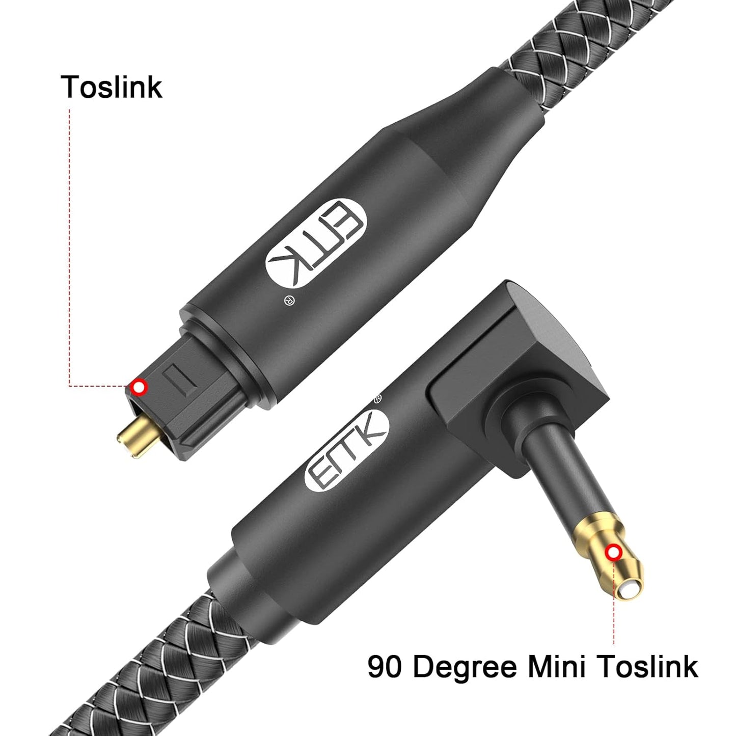 EMK Premium 90° Right-Angle Mini Toslink Cable (6Ft/2M) - 3.5mm Optical Digital Audio Cable for Sound Bars, TVs & Home Theater - SPDIF/Toslink Compatible, Black