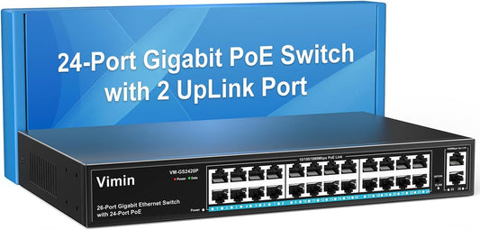 24 Port Gigabit PoE Switch with 2 Uplink Gigabit Ports, VIMIN 26 Port Unmanaged PoE Ethernet Switch with 320W Power, Support IEEE802.3af/at, VLAN, Metal Housing, 19 inch Rack-Mount, Plug and Play