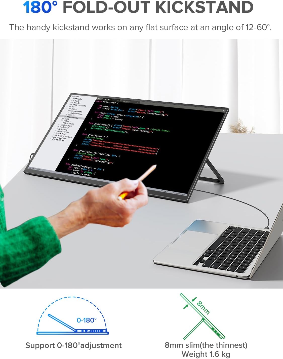 UPERFECT 22" QLED 2K Portable Monitor w/VESA & 180° Adjustable Stand, 2560×1440 QHD FreeSync IPS HDR Gaming Display, USB-C HDMI Travel Second Monitor for Laptop, Switch, Phone