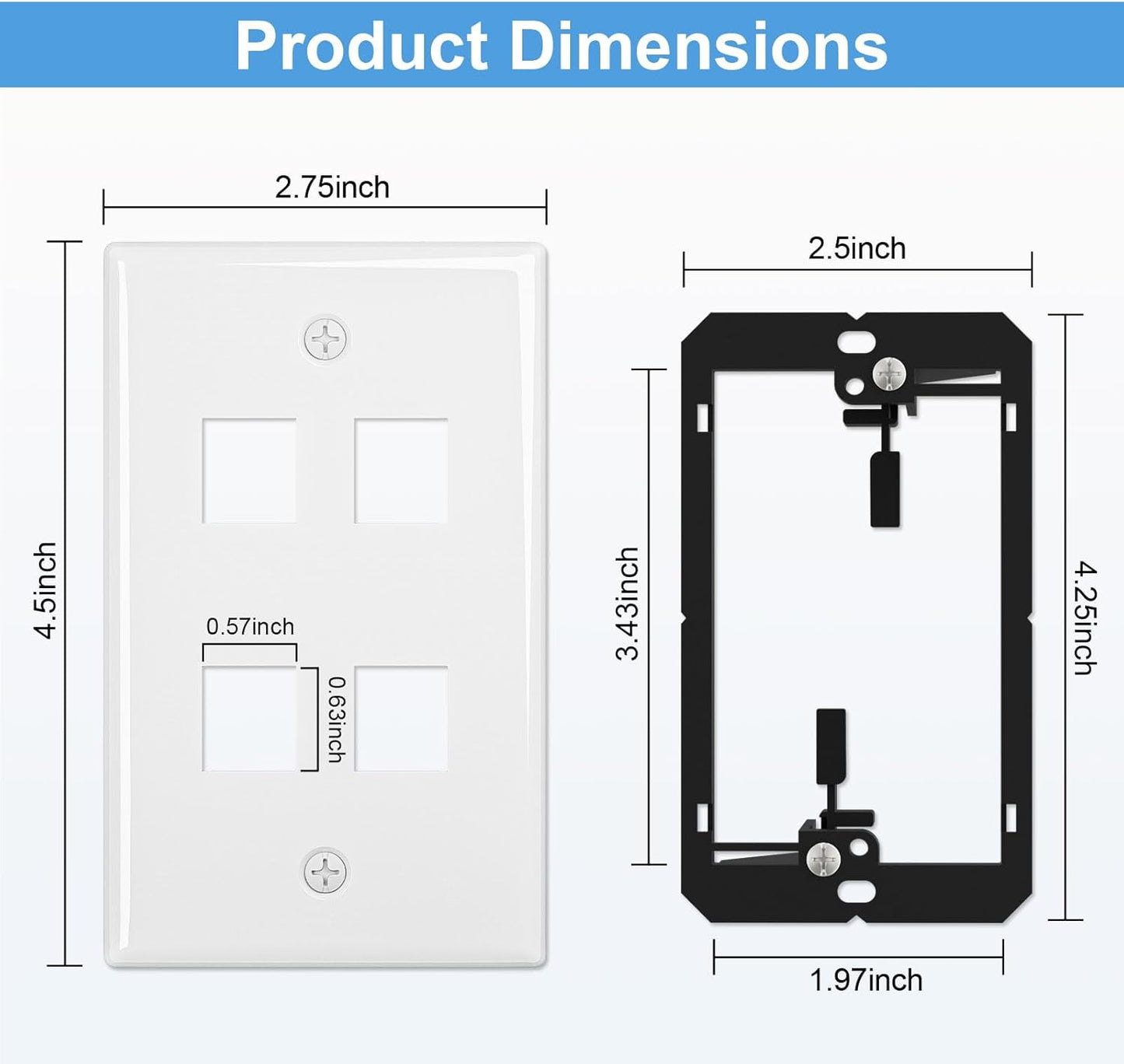 FGB 4-Port Keystone Wall Plate, with Low Voltage Mounting Bracket, with Single Gang Decorator Wall for RJ45, HDMI, and Coax Keystone Inserts, White, 10-Pack