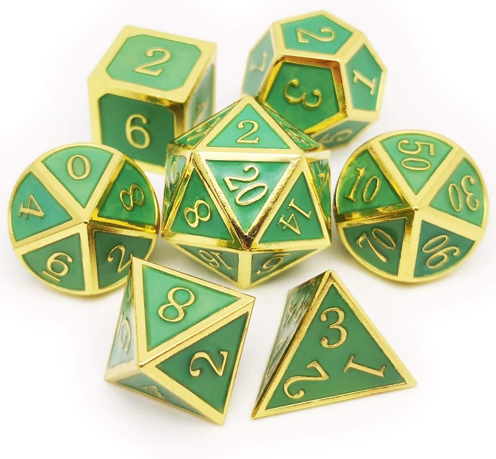 Haxtec Glow in The Dark Glowing Blue Metal Dice Set D&D W/Dragon Dice Bag 7PCS DND Dice Set Compatible with Dungeons and Dragons RPG Games-Gold Glowing Blue-V2