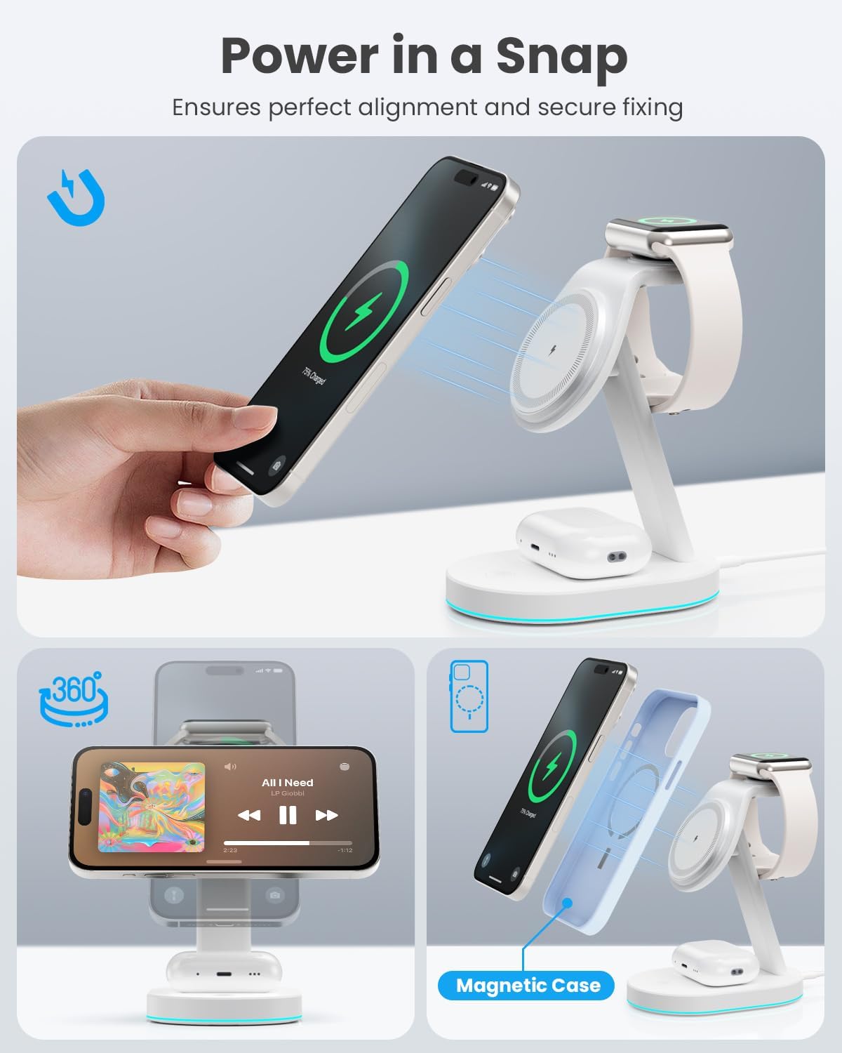 3 in 1 Wireless Charger Charging Station for iPhone,Qi2 Certified 15W Magnetic Charging Stand for Mag-Safe with 30W USB C Adapter&Friendly Night Light for iPhone 16/15/14/13/12,Apple Watch,AirPods