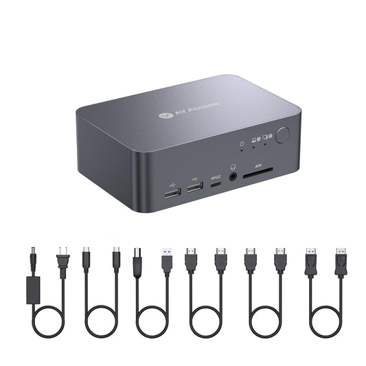 AV Access Docking Station Dual Monitor for Laptop & Desktop, USB-C Charge, Aluminum, KVM Switcher for 2 Computers with Ethernet, EDID, 4K@60Hz/2K@144Hz/1080P@240Hz, 3xUSB 3.0, Power Supply, Audio, SD