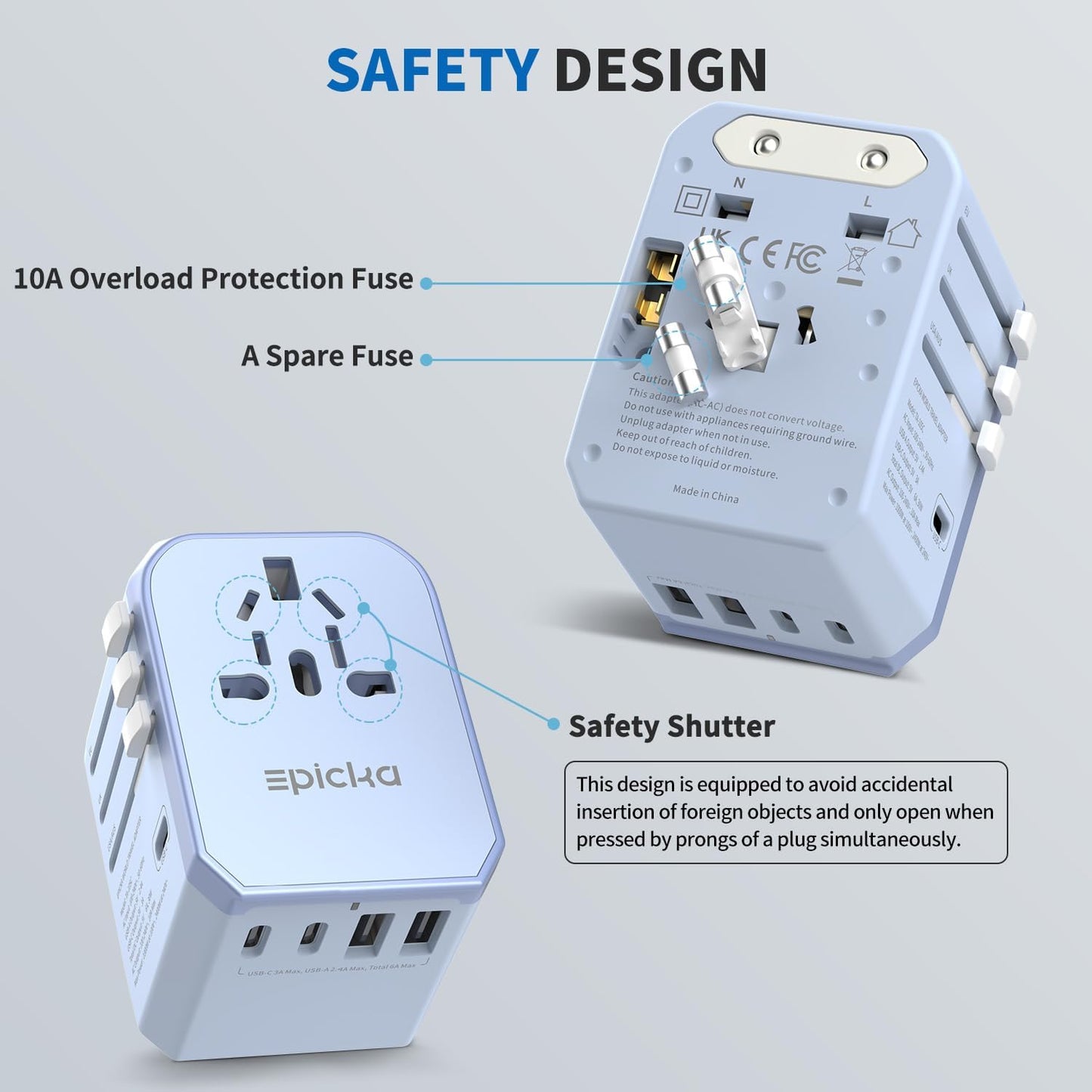 EPICKA Universal Travel Adapter, International Power Adapter with 2 USB-A & 3 USB-C Ports Wall Charger - Worldwide Travel Essentials, European Travel Plug Adapter for UK/US/AU (TA-105C, Blue)