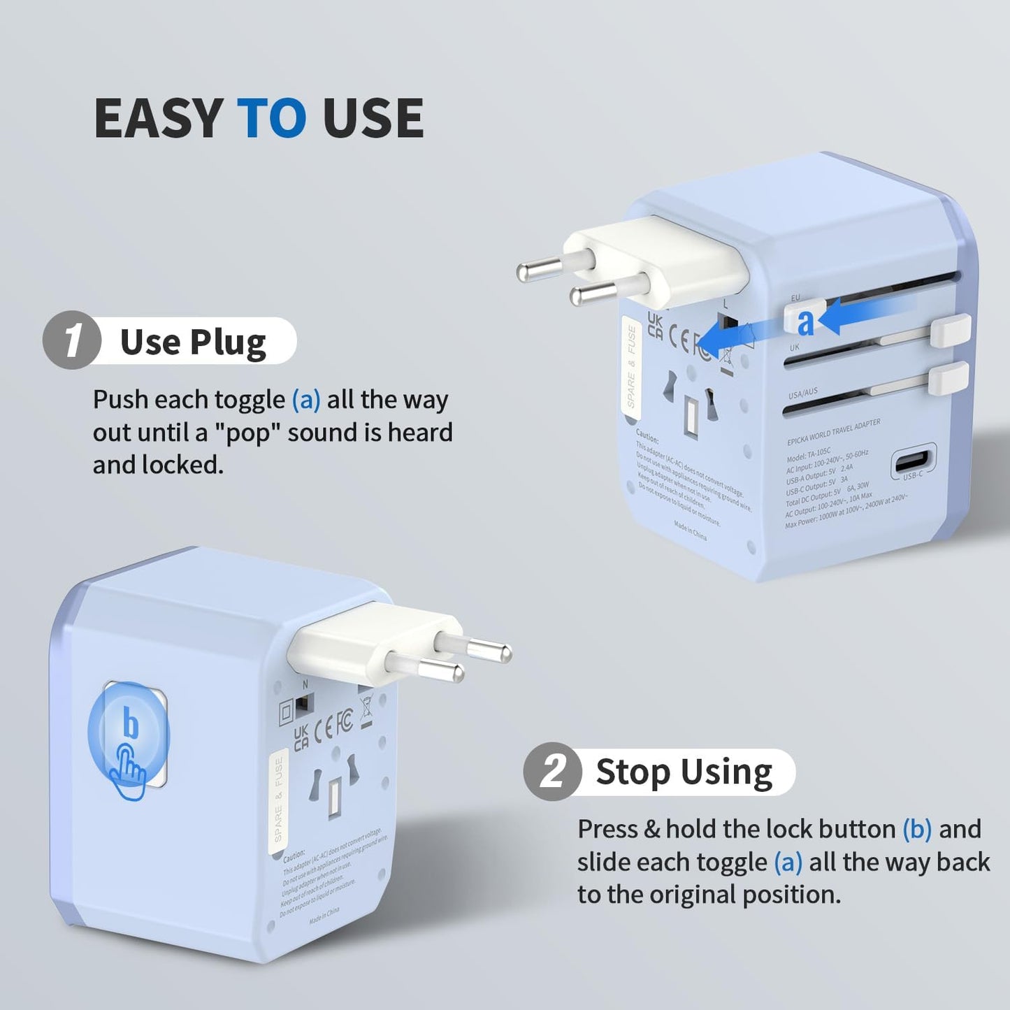 EPICKA Universal Travel Adapter, International Power Adapter with 2 USB-A & 3 USB-C Ports Wall Charger - Worldwide Travel Essentials, European Travel Plug Adapter for UK/US/AU (TA-105C, Blue)