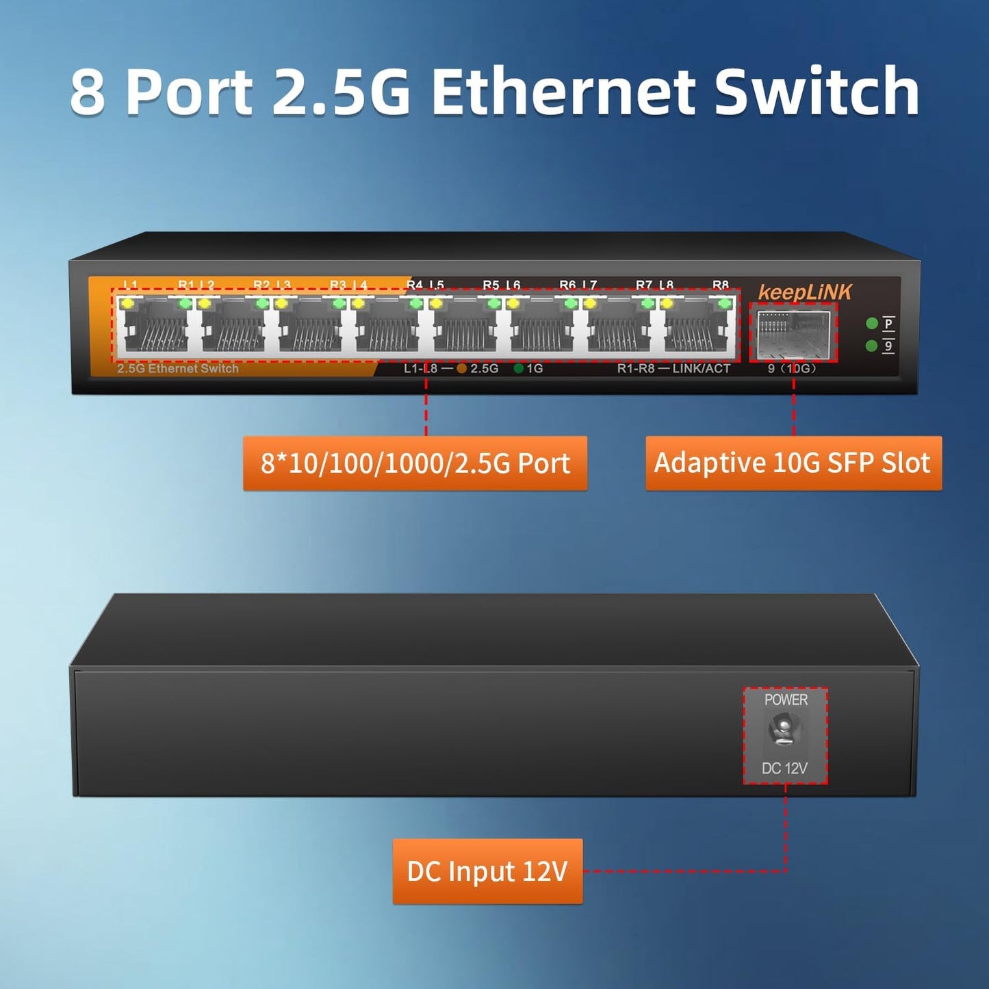 8 Port 2.5G Switch Unmanaged, Ethernet Switch with 8 x 2.5G Base-T Ports, 1 x 10G Base-T SFP Slot, 60Gbps Switching Capacity, Plug & Play, Fanless Metal, Wall Mountable