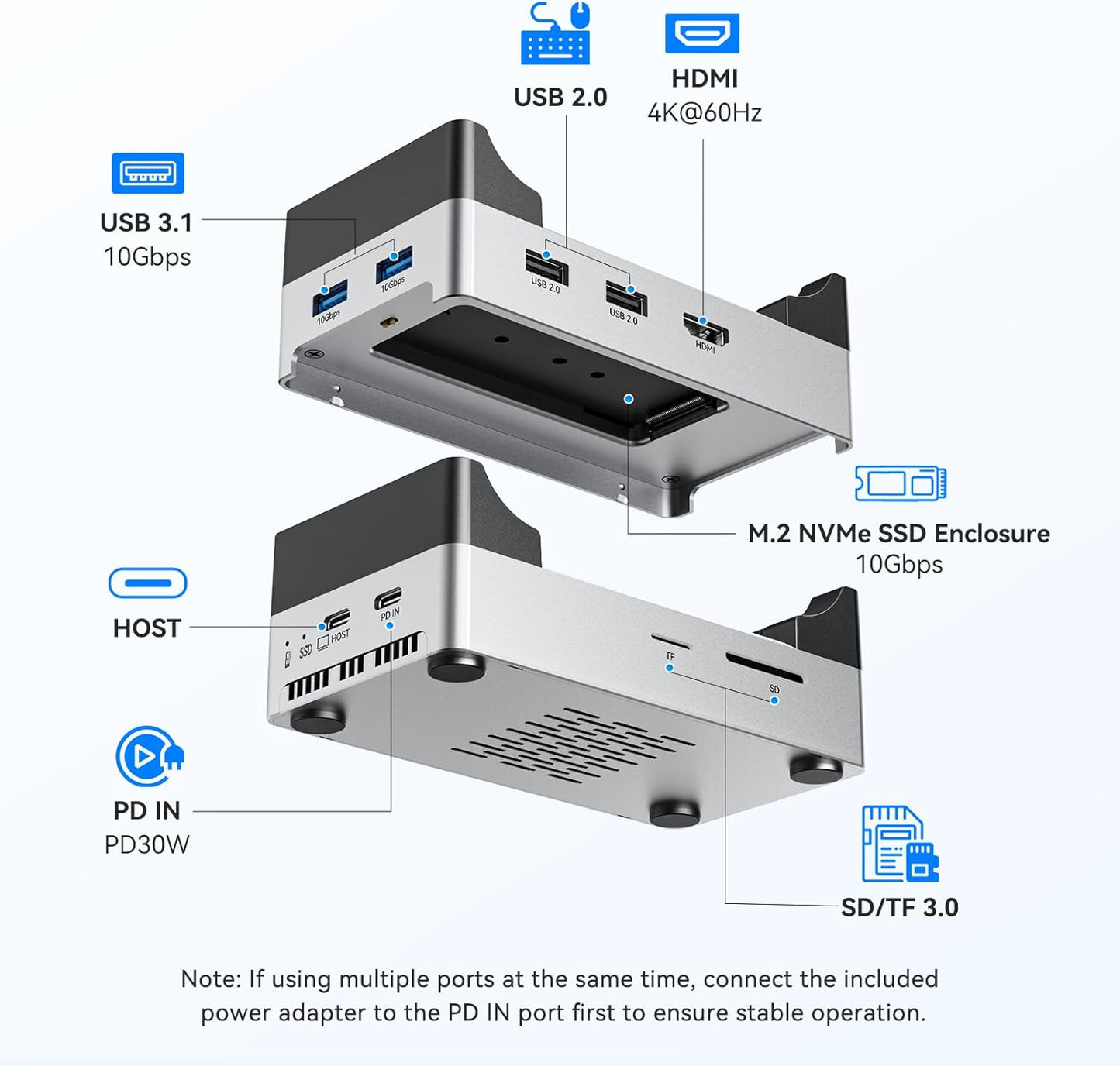 ANYOYO Mac mini M4 Dock and Stand, 10-in-1 Aluminum USB-C Hub with M.2 NVMe SSD Enclosure, 4K 60Hz Dual HDMI, 10 Gbps USB-C/A, 30W PD-in, Smart Fan Cooling, Wi-Fi Signal Friendly Design, Silver
