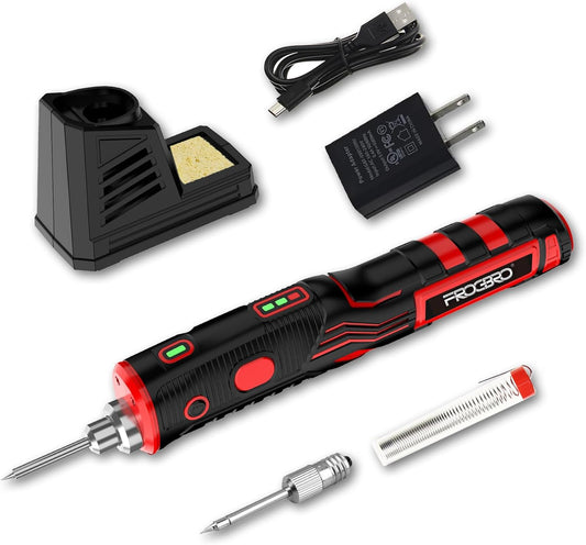 FrogBro 11W 2500mAh Cordless Soldering Iron Kit, Upgrade Max 968℉ Fast Heating Portable USB Rechargeable Soldering Iron High Capacity with Touch Sensor & LED Spotlight (2 tips+adaptor)