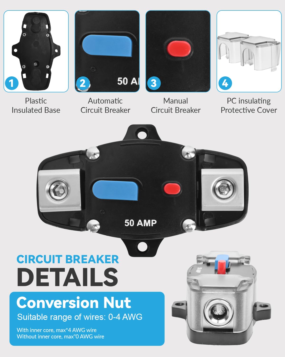 50 Amp Circuit Breaker with Manual Reset Waterproof Inline Fuse Inverter for Marine Trolling Motors Boat ATV Manual Power, Suface Mount, 12V-48V DC