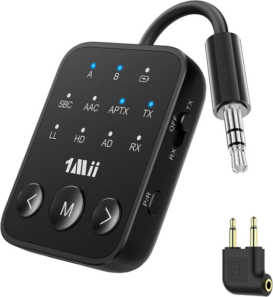 1Mii Bluetooth 5.3 Transmitter Receiver 2-in-1, aptX Adaptive & Low Latency Wireless Audio Adapter for Airplane, Dual Link 2 Devices, 25H Playtime, 3.5mm AUX for TV/Car/Home Stereo/Gym