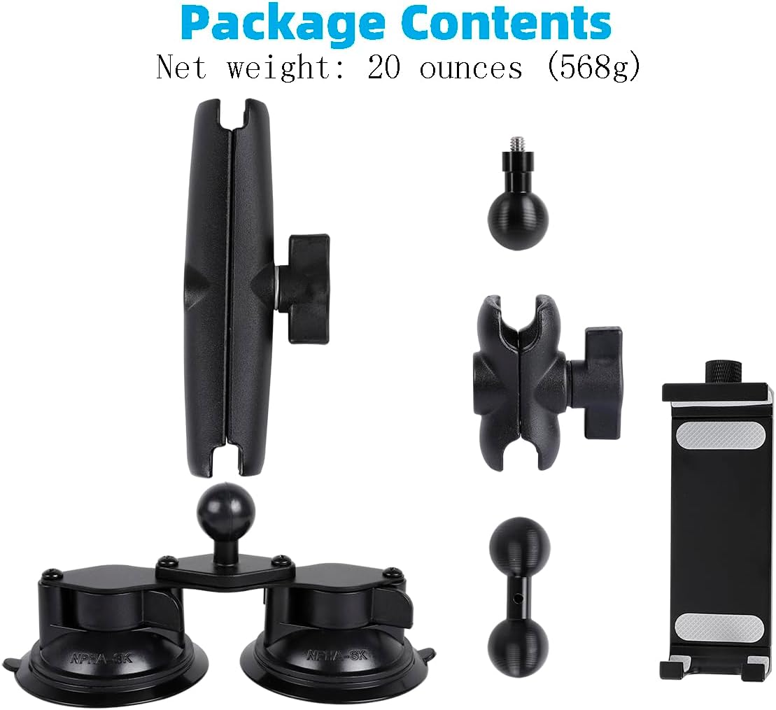 Aluminum Tablet Holder for All iPad, 360° adjustable Secure Double Suction Cup Mount for Car Truck Windshield,Sunroof, Compatible with iPad Pro 12.9 Mini Air, Galaxy Tabs and 4.7-15" Tablets