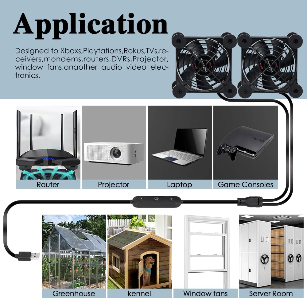 Dual 80mm Cooling Fan - 10-Speed USB 5V/DC 12V Power, IPX5 Waterproof for Tablet, TV, Router, Xbox, DVR, Computer Cabinet, Greenhouse & Kennel Component Cooling