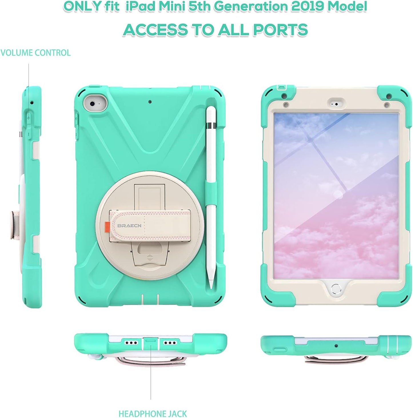 BRAECN iPad mini 5 Case,iPad mini 4 Case, Heavy Duty Shockproof Protective Rugged Case with Pencil Holder,Hand Strap,Kickstand, Shoulder Strap for iPad mini 5th/4th Generation 7.9 Inch for Kids