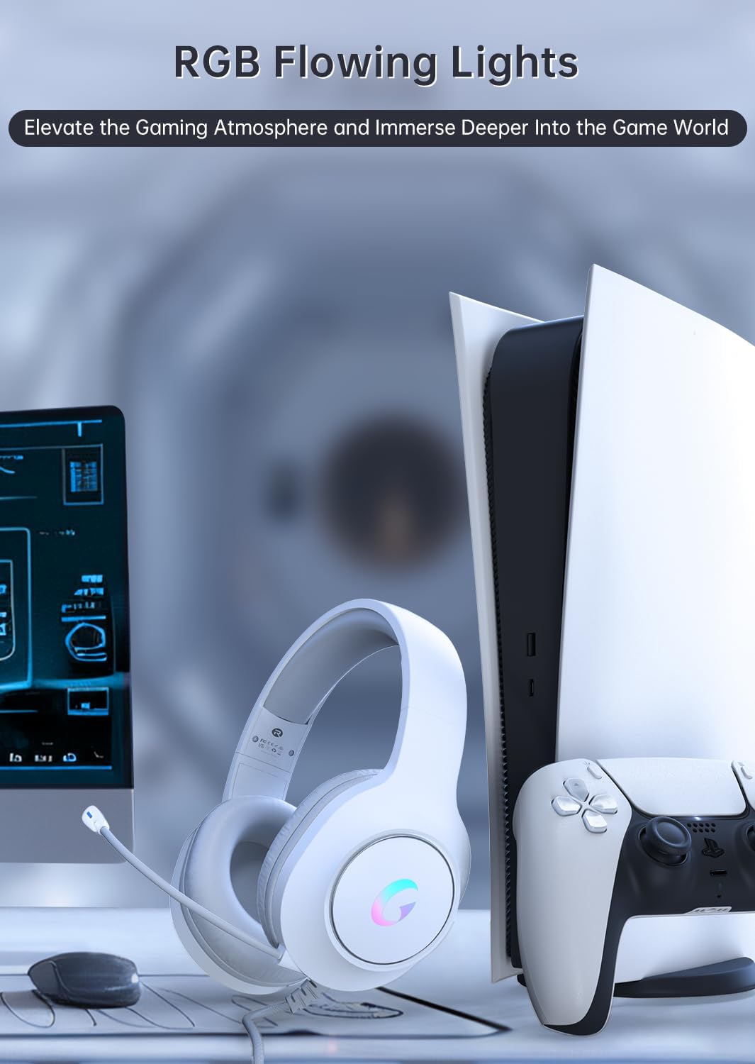 CM7002 Gaming Headset for PS5, PS4, PC, Mac, Switch, Xbox Series, Surround Sound RGB Gaming Headphones with Noise Canceling Microphone, 50MM Dynamic Drivers, 3.5MM Audio Jack, Light White