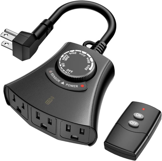 HBN Outdoor Light Timer with Remote Control, Waterproof Light Sensor Timer, 100 ft Wireless Range, 2 Grounded Outlets for Christmas Lights, 15A 1/2HP Heavy Duty