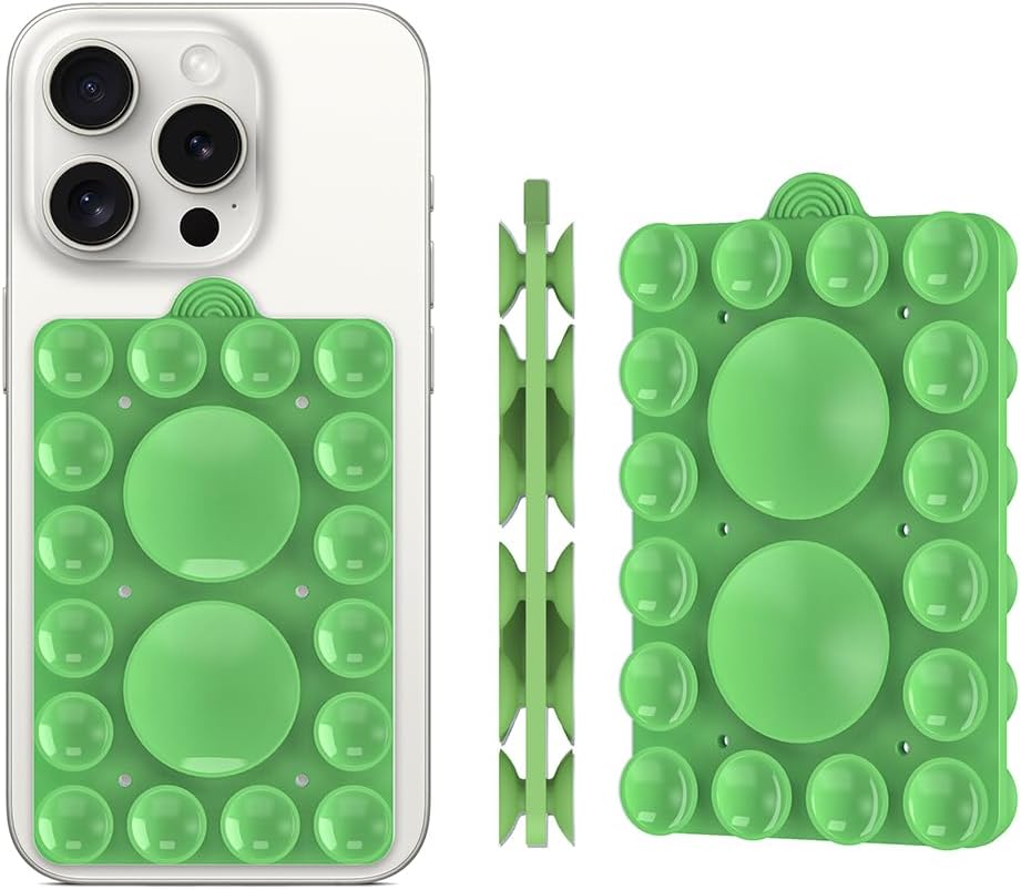 Double Sided Silicone Suction Phone Holder Mount,Compatible with iPhone and Android Cases Hands-Free Mirror Shower Phone Mount Strong Grip Holder (Grass Green, Double Sided 2PCS)