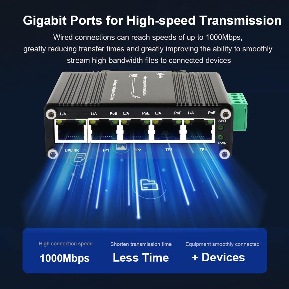 Mini Industrial 5 Ports Gigabit PoE Switch Hardened 5 Port RJ45 10/100/1000Mbps 802.3at Ethernet Switch Din Rail Mount PoE+ Switch (-40 to 167 ºF) 10Gbps Switching Capacity